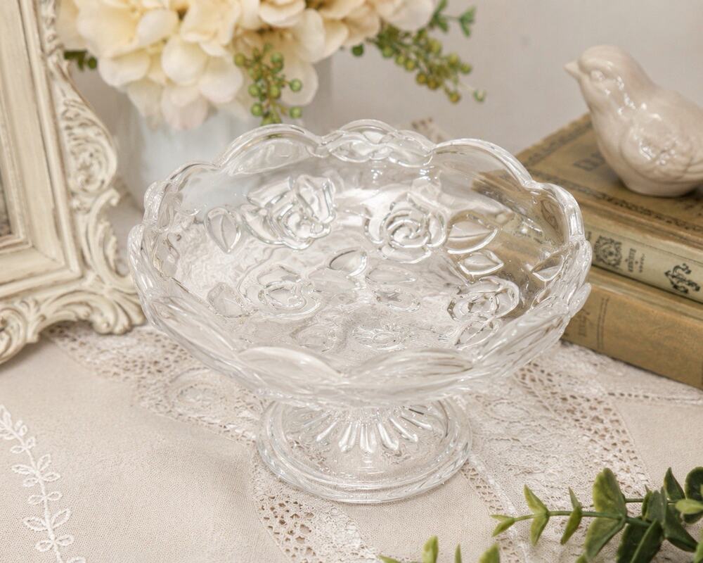 Vintage Clear Pressed Glass Pedestal Bowl Rose Pattern Candy Nut Dish Compote 7”